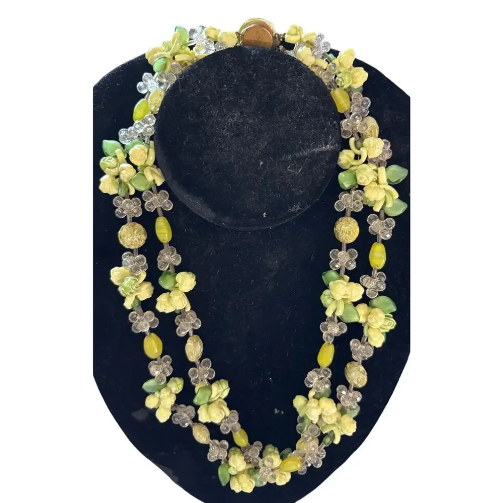 Vintage Multi Strand Floral Fruit Salad Necklace Green Yellow MCM Retro 20